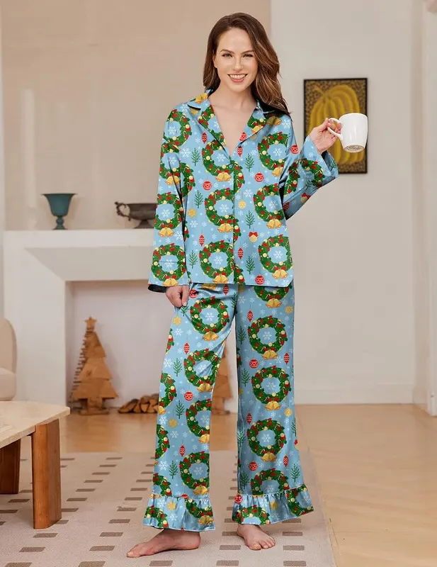 Ekouaer Satin Pajamas Blue Christmas Medium – Soft satin long sleeve top