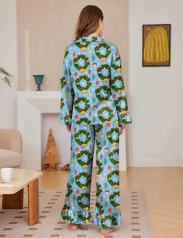 Ekouaer Satin Pajamas Blue Christmas Medium – Matching lounge pants included