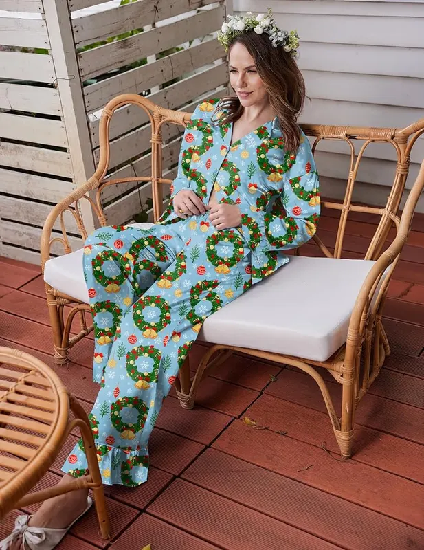 Ekouaer Satin Pajamas Blue Christmas Medium – Convenient pockets on pants