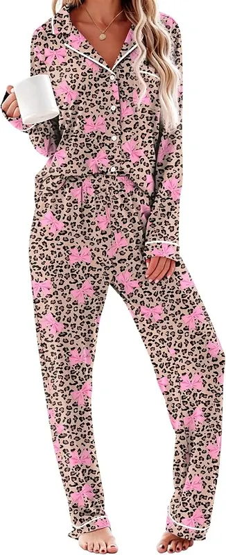 Ekouaer Womens Pajama Sets Long Sleeve Button Leopard- Bow in Leopard- Bow
