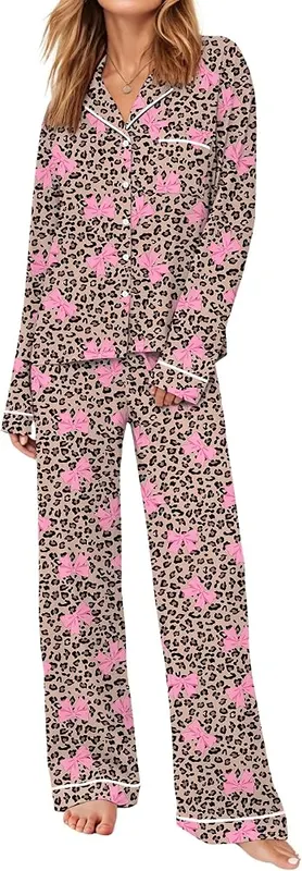 Ekouaer Womens Pajama Sets Long Sleeve Button Leopard- Bow – Button-down pajama top set