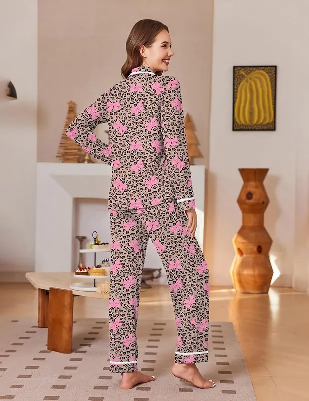 Ekouaer Womens Pajama Sets Long Sleeve Button Leopard- Bow – Wide leg pants with pockets