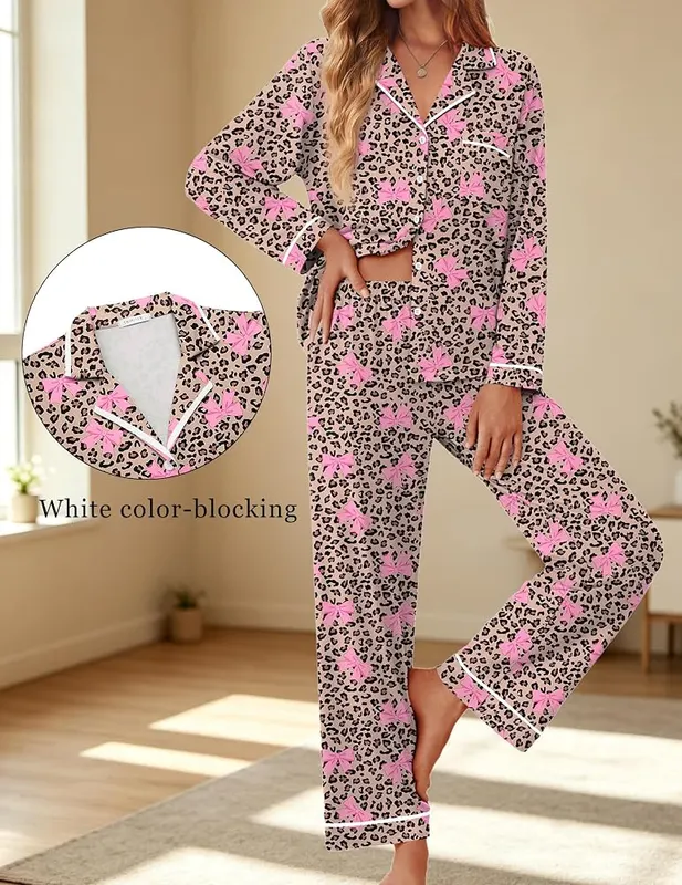 Ekouaer Womens Pajama Sets Long Sleeve Button Leopard- Bow – 95% polyester 5% spandex