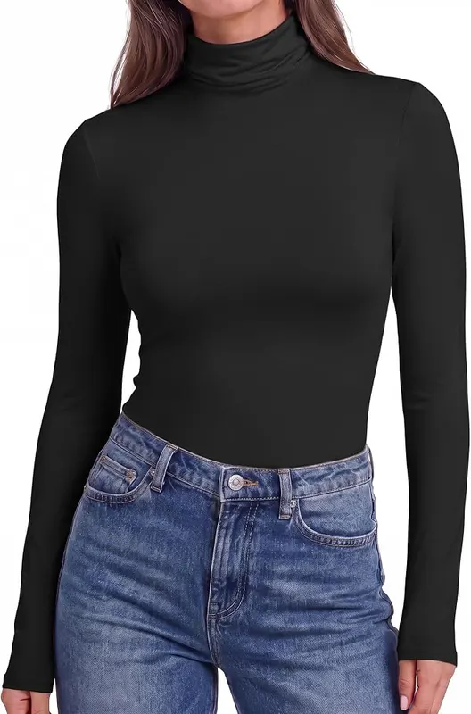 Ekouaer Womens Turtleneck Long Sleeve Shirts Basic in Black
