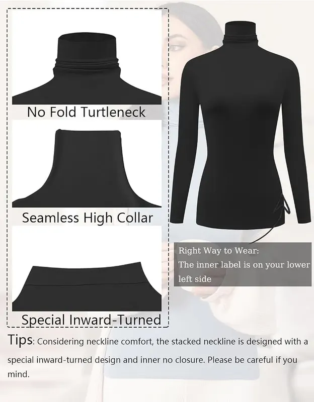 Ekouaer Womens Turtleneck Long Sleeve Shirts Basic – Black color in large