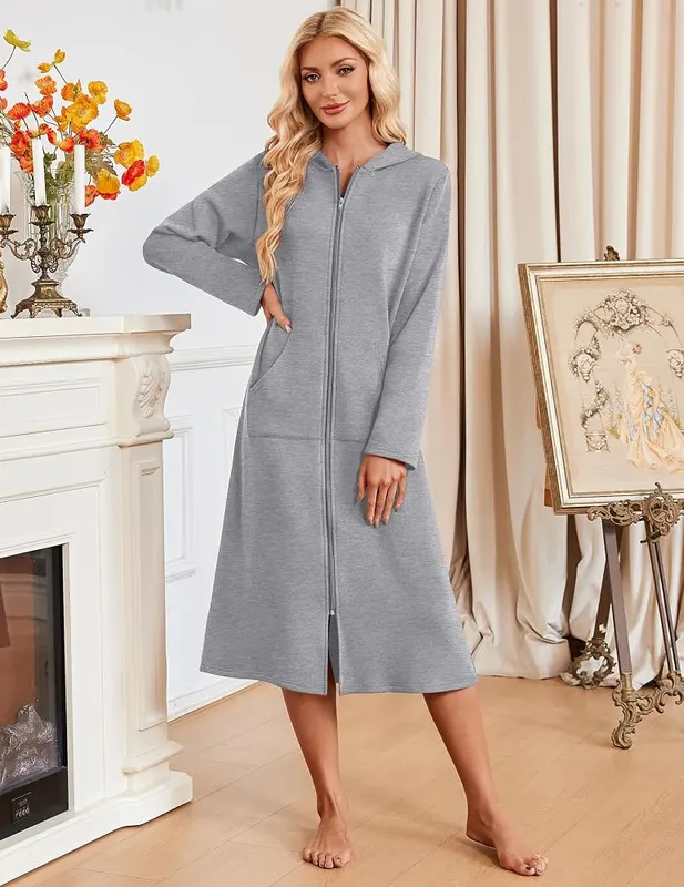 Ekouaer Zipper Robe – Sweatshirt-style jersey knit outside