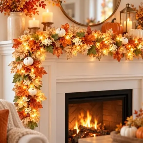 ELMWODHJ 2pcs Harvest Fall Garland – Gradient realistic maple leaf design