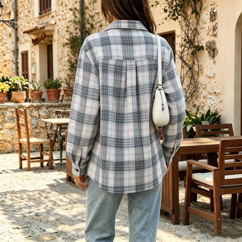 Elneeya Fall Button Down Shirt Women Long V006-light Blue – Timeless checkered plaid pattern