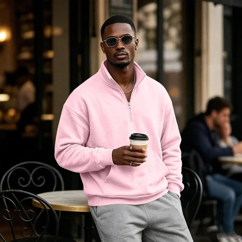 Elneeya Mens 1/4 Zip Pullover Trendy Warm V009-pink – Relaxed Drop-Shoulder Fit