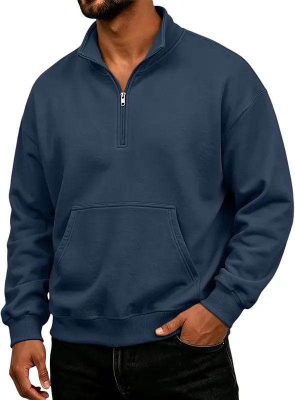 eoeioa 1/4 Zip Pullover Sweatshirt Men Warm A008- Navy – Soft Thermal Fleece：Soft thermal fleece delivers mild warmth