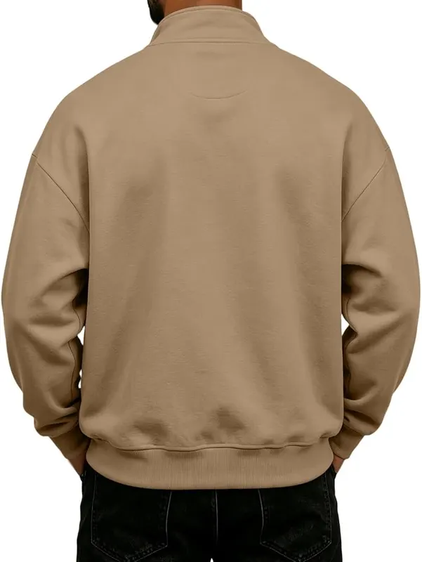 eoeioa Mens Quarter Zip Fleece Pullover Long A006- Khaki – Quarter Zip Mockneck：Fixed high neck traps heat once