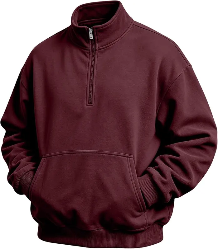 eoeioa Mens Quarter Zip Sweatshirts Warm Sherpa A014- Wine in A014- Wine