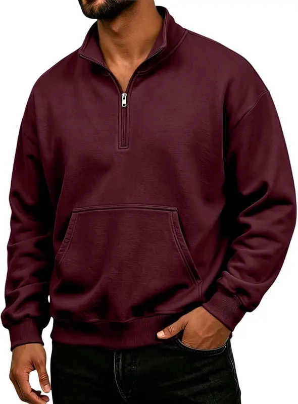eoeioa Mens Quarter Zip Sweatshirts Warm Sherpa A014- Wine – Soft Thermal Fleece：Soft thermal fleece delivers mild warmth