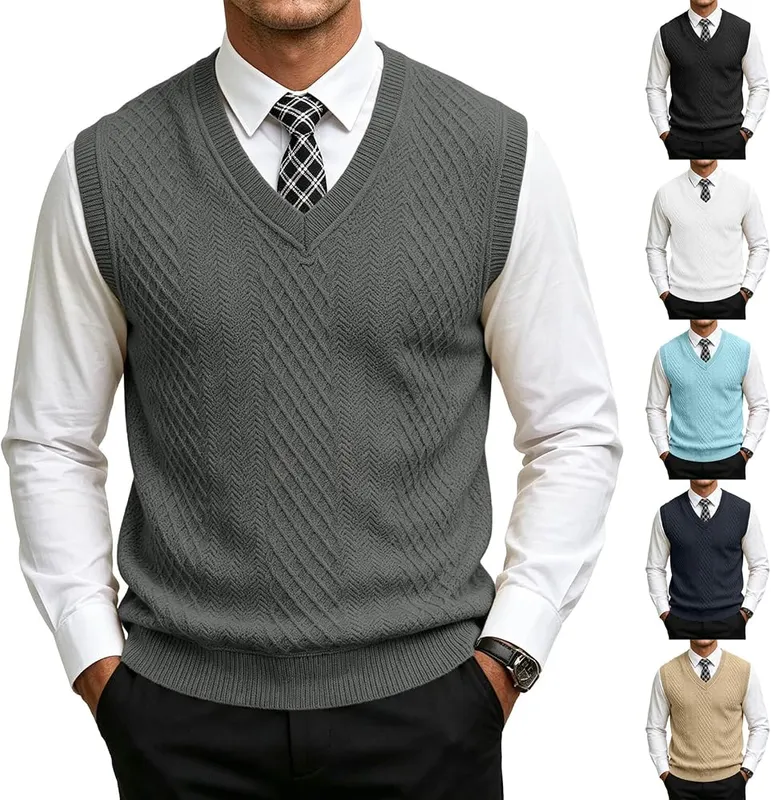 eoeioa Sweater Vest Men Warm Fall Winter A001- Dark Gray in A001- Dark Gray