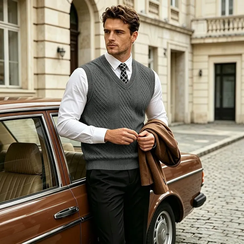 eoeioa Sweater Vest Men Warm Fall Winter A001- Dark Gray – Jacquard Knit Fabric：Textured jacquard knit offers soft coverage