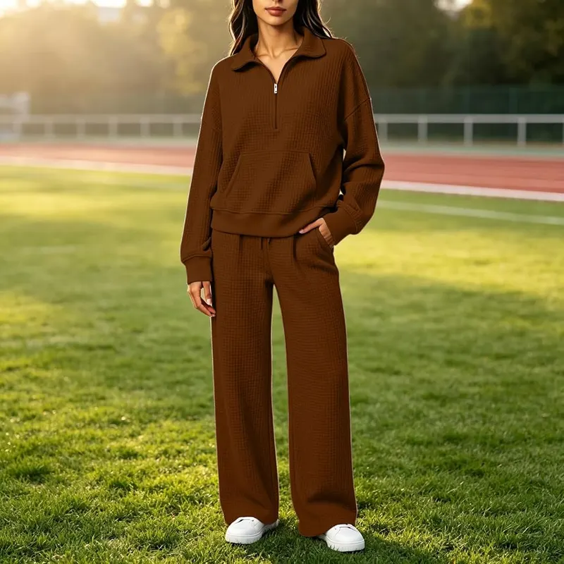 eoeioa Womens Waffle Knit Set Two Piece A005- Coffee – Soft lightweight waffle knit fabric