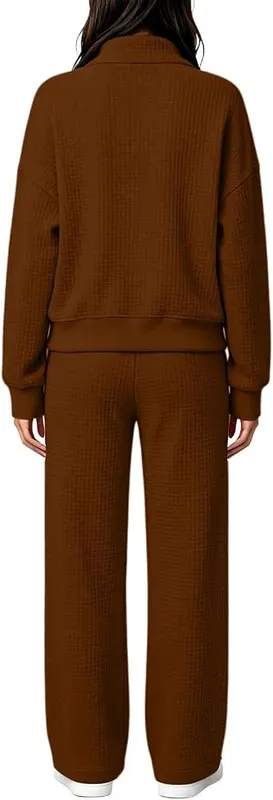eoeioa Womens Waffle Knit Set Two Piece A005- Coffee – Adjustable quarter zip pullover design