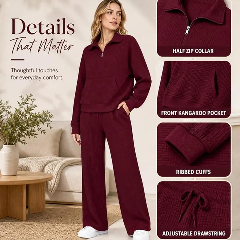 eoeioa Womens Waffle Knit Set Two Piece Y2k – Adjustable drawstring wide leg pants