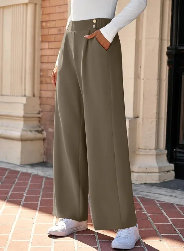 EVALESS Womens Wide Leg Work Pants Straight – Four decorative front buttons