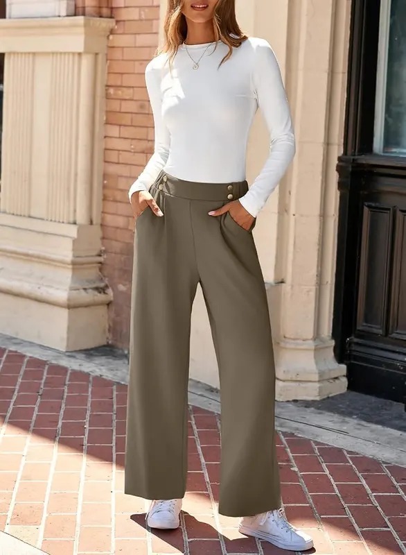 EVALESS Womens Wide Leg Work Pants Straight – Pleated front with side pockets