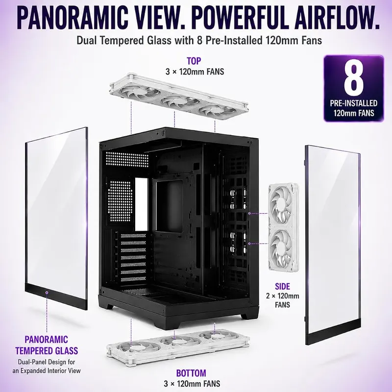 Evounic Micro-ATX Mini-Tower Gaming PC Case Includes – Panoramic dual glass side panels