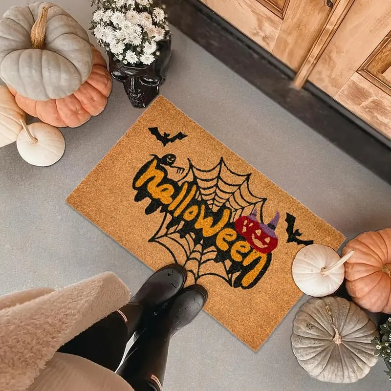 Fallovea Halloween Welcome Door Mat Combo Set Spider Web – Layered entryway mat bundle set