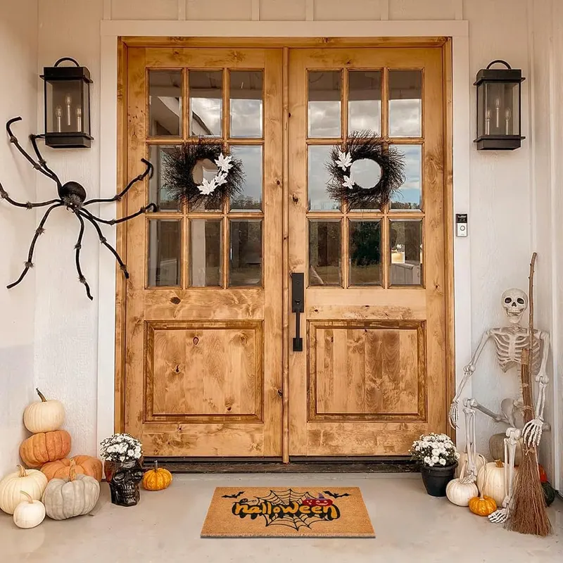 Fallovea Halloween Welcome Door Mat Combo Set Spider Web – Classic black and white plaid