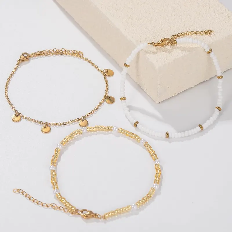FANCY SHINY Beaded Ankle Bracelets Stainless Steel Anklets – product photo 4 of 7