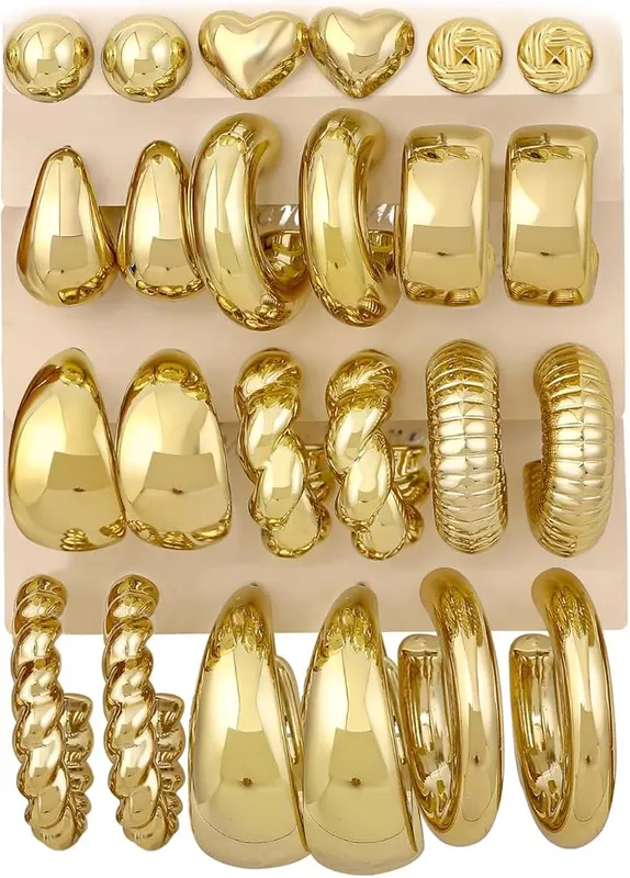FANDY 12 Pairs Chunky Gold Hoop Earrings in Gold Chunky