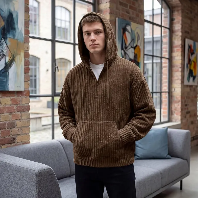 faweinjia Corduroy Pullover Men Comfy Quarter Zip E005- Coffee – Soft ribbed corduroy fabric texture