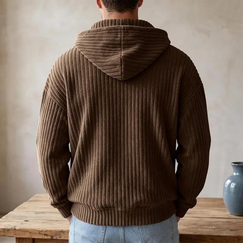 faweinjia Corduroy Pullover Men Comfy Quarter Zip E005- Coffee – Attached casual hoodie design