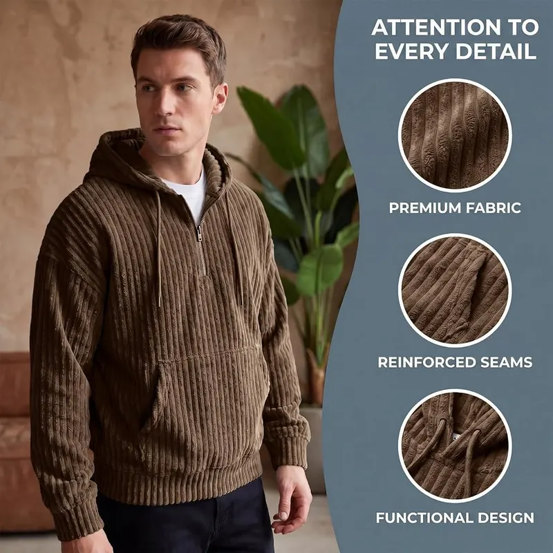 faweinjia Corduroy Pullover Men Comfy Quarter Zip E005- Coffee – product photo 7 of 8