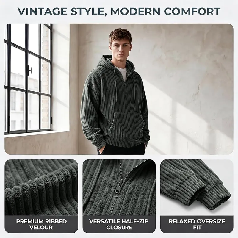 faweinjia Corduroy Pullover Men Quarter Zip Pullover E007- Gray – Versatile casual gray color