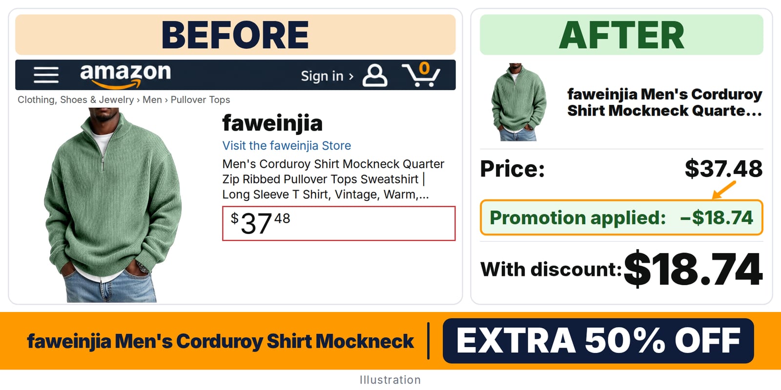 faweinjia Men's Corduroy Shirt Mockneck Quarter Zip A011- Mint Green 4X-Large deal: before and after – promo code A1XEOEA8, 50% off on Amazon
