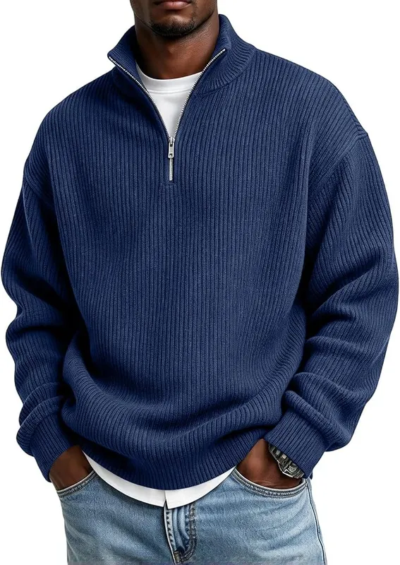 faweinjia Mens Corduroy Shirt Mockneck Quarter Zip A012- Navy in A012- Navy