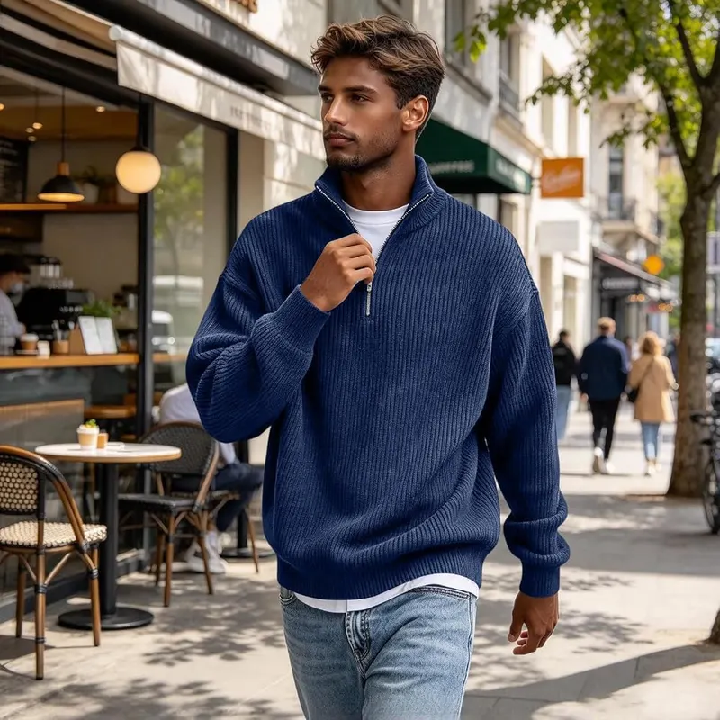 faweinjia Mens Corduroy Shirt Mockneck Quarter Zip A012- Navy – Occasion