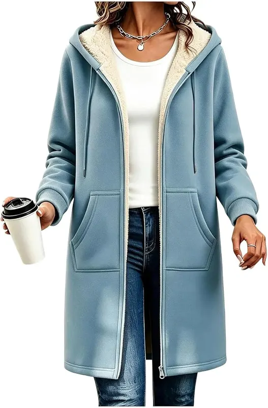 Fazrine Sherpa Jackets Light Blue Medium – Thigh length hip coverage