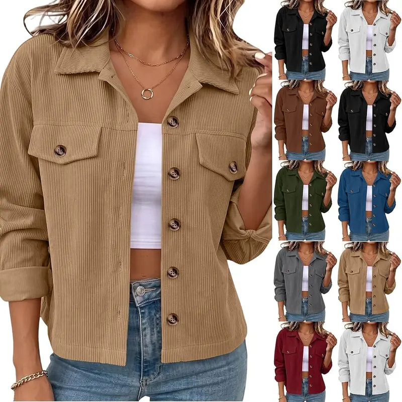 Fazrine Womens Cropped Corduroy Jacket Button Down in Khaki