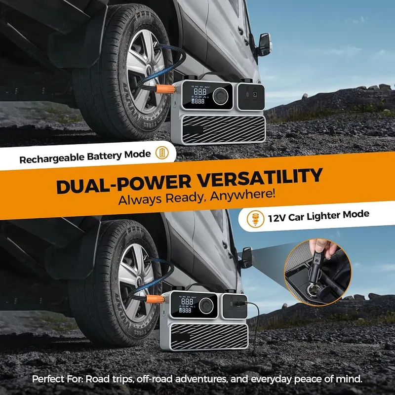 FBK Tire Inflator Portable Air Compressor – Dual power: battery or 12V