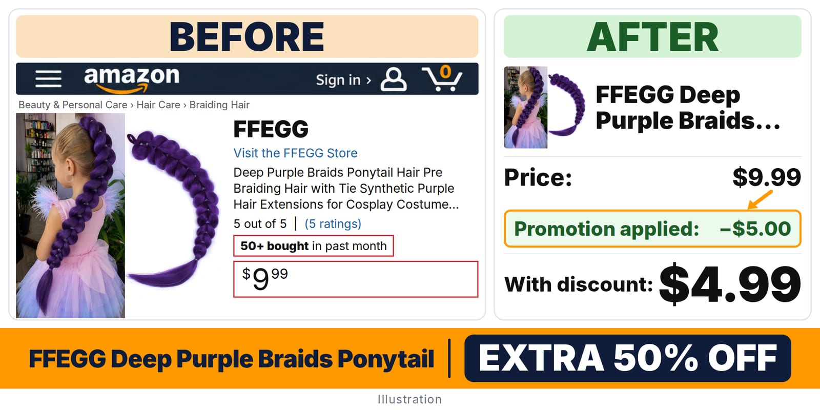 FFEGG Deep Purple Braids Ponytail Hair Pre deal: before and after – promo code SOFQBWS9, 50% off on Amazon