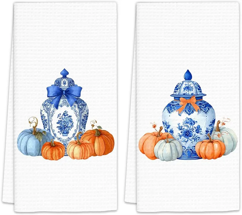 FIicy Chinoiserie Fall Pumpkin Kitchen Towels Set