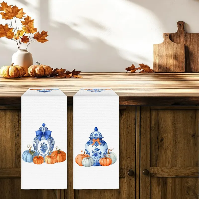 FIicy Chinoiserie Fall Pumpkin Kitchen Towels Set – Seasonal Gift Ideas
