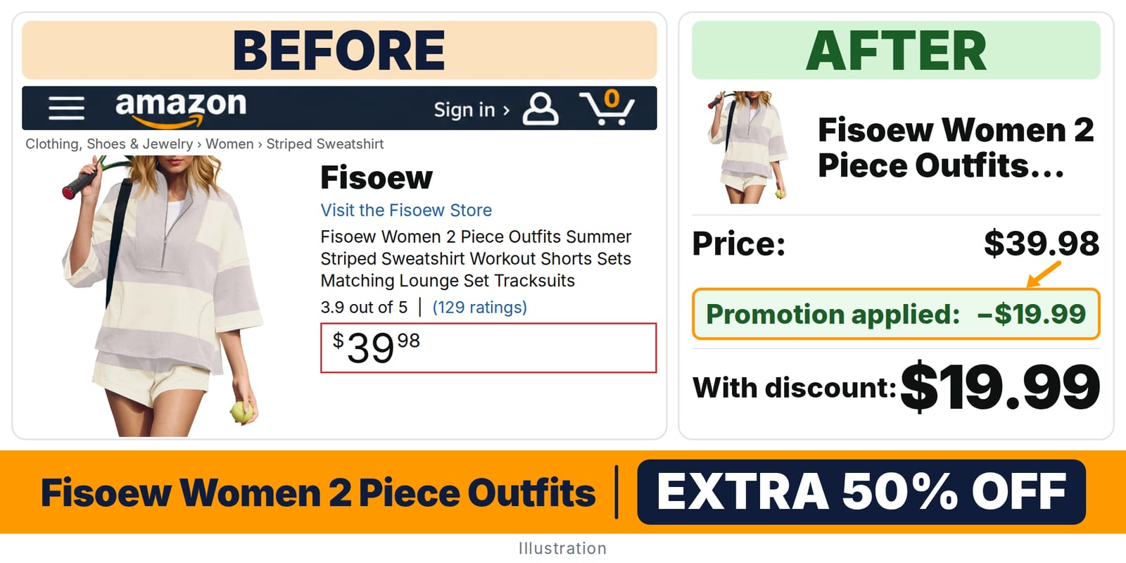Fisoew Women 2 Piece Outfits Summer Striped deal: before and after – promo code N8VHB529, 50% off on Amazon