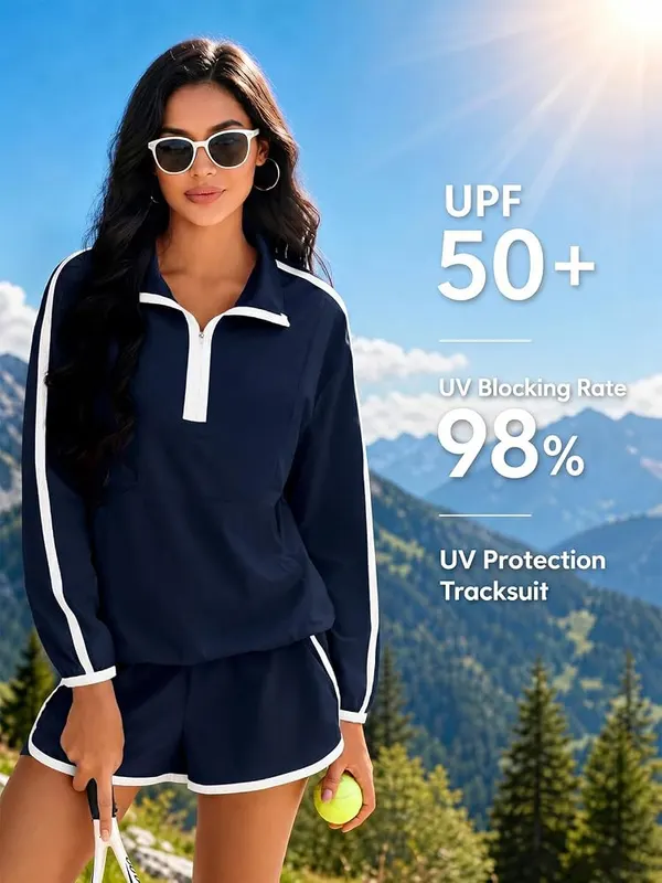 Fisoew Womens 2 Piece Outfits Sets Half – Matching half-zip top and shorts