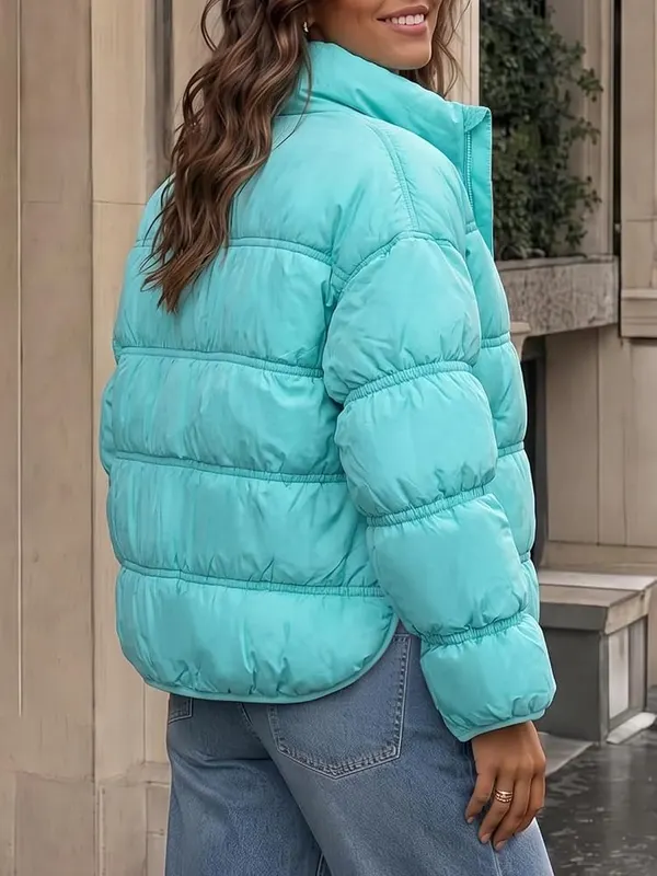 Fisoew Womens Winter Puffer Jacket Coat Casual Blue – Stand collar and full zip closure