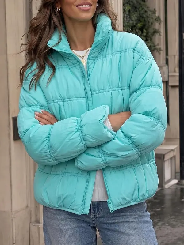 Fisoew Womens Winter Puffer Jacket Coat Casual Blue – Relaxed loose fit for easy layering
