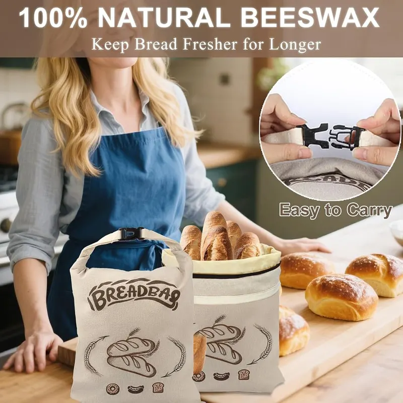 FONDFRAMORY Beeswax Bread Bags – Secure zipper and buckle closure system