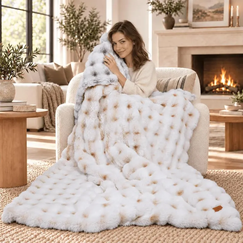 Fruaros Double-Sided Ultra-Soft Faux Fur Bubble Blanket