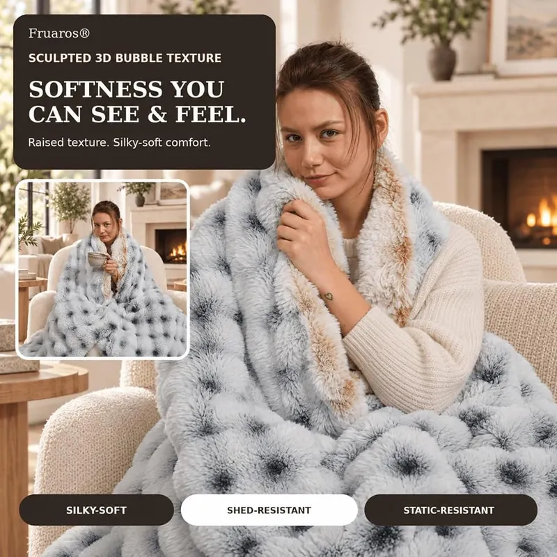 Fruaros Double-Sided Ultra-Soft Faux Fur Bubble Blanket – 50 by 60 inch throw size