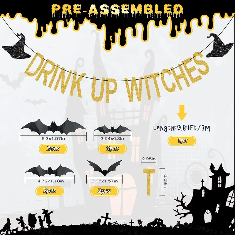 Fufuddz Halloween Decorations Indoor – Pre strung glitter banner included